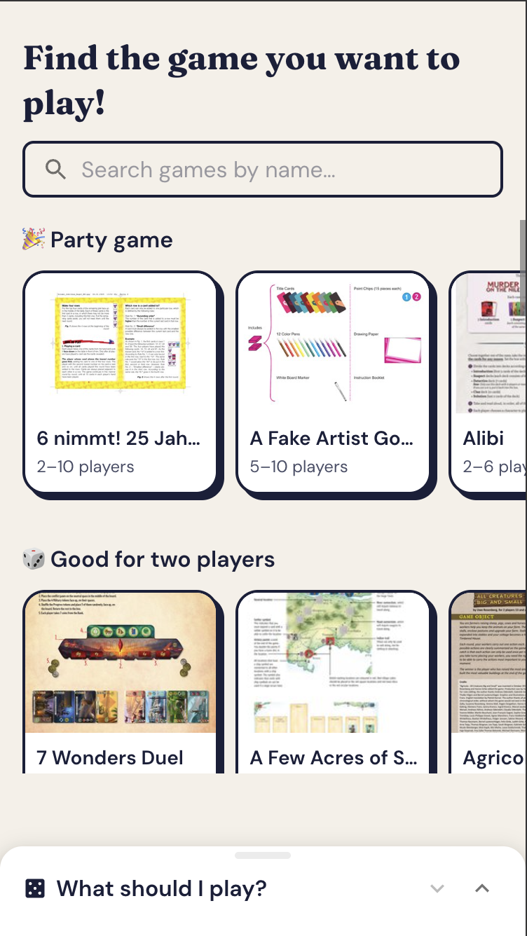Boardgame cafe app interface preview on mobile